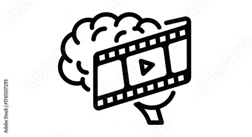 Brain with film strip concept of visual learning, video content, and creative thinking in black and white minimalist style