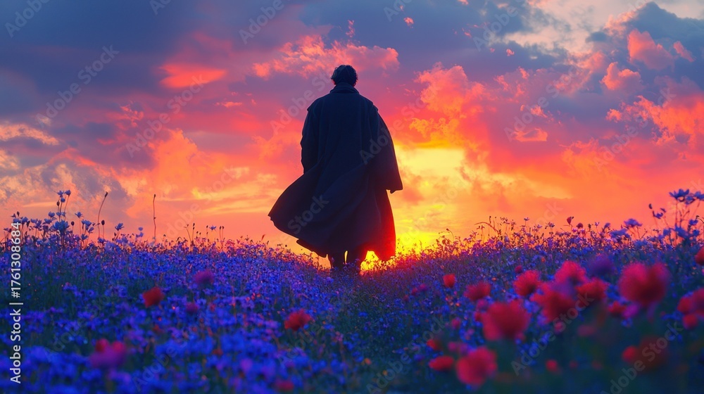 Obraz premium Person walks into vibrant sunset over a wildflower meadow. Silhouetted figure, rich colors