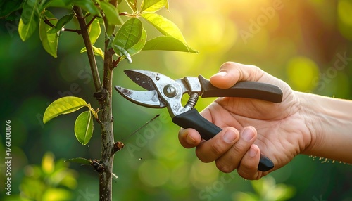 Fototapeta Naklejka Na Ścianę i Meble -  Hand pruning a young tree branch