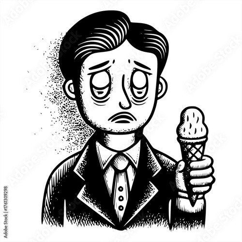 A melancholic man in a suit holds a melting ice cream cone, depicting sadness, disappointment, or a loss of joy. Evokes feelings of despair, regret, or a bad day.