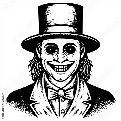 A sinister character in a top hat and bowtie with a wide, unsettling grin and dark eyes. Perfect for horror, mystery, magic, or a unique take on a formal persona.