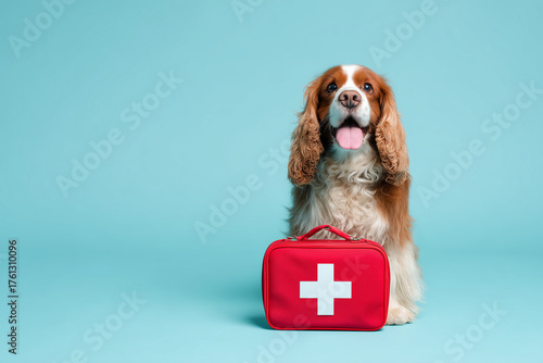 dog with red first aid kit sits against blue background, showcasing playful and caring spirit. This captures essence of pet safety and health awareness