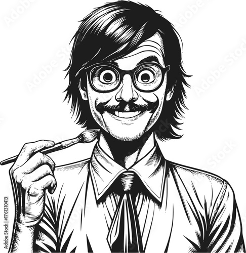 A quirky, smiling man with glasses, a mustache, and disheveled hair holds a paintbrush, depicting an eccentric artist or creative professional.