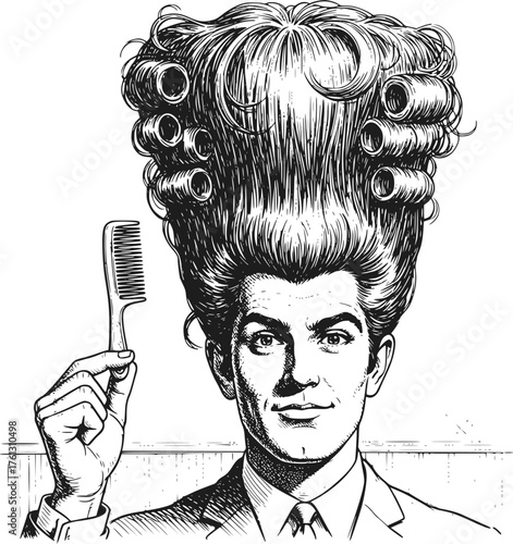 A man with an enormous, curly hairstyle adorned with curlers holds a comb, comically depicting hair care, styling challenges, or a dramatic transformation.