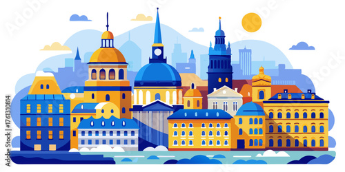 A picturesque European city skyline with traditional architecture, domes, and spires, vibrant in blue and yellow hues, reflecting on the water. Ideal for travel and cultural themes.