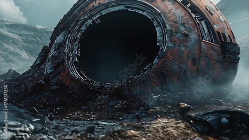 Rusty spherical structure on alien landscape