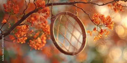 Woven hoop hangs from branch with vibrant orange blooms and soft bokeh.
