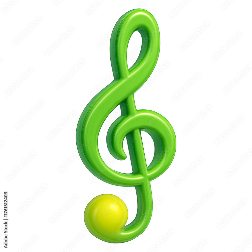 Fototapeta premium Glossy Green 3D Treble Clef Music Note Icon with Yellow Accent Isolated on Transparent Background