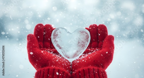 Close up of hands in red gloves holding a fragile frozen heart during winter holidays. isolated PNG with Transparent Background