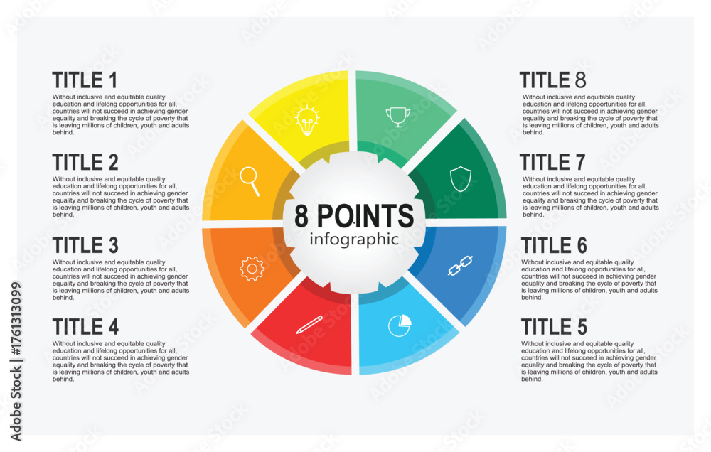 Fototapeta premium 8 points Infographic concept. Vibrant Eight Point Color Wheel Infographic With Central Hub.