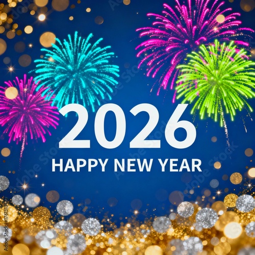 Happy New Year 2026 Celebration with Colorful Fireworks and Golden Glitter Bokeh on a Blue Night Sky.