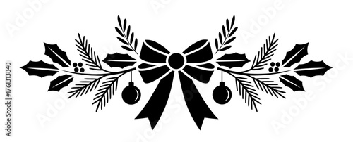 Black and white vector illustration of Christmas bow with holly leaves and pine branches silhouette for festive border and holiday decoration design