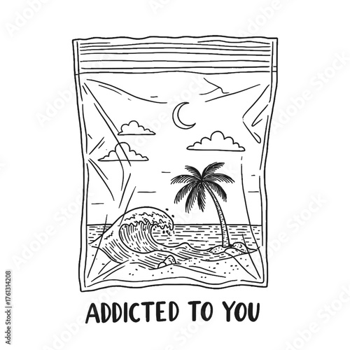 Whimsical Tattoo Stencil, Zip-Lock Bag Tropical Paradise, Palm Tree Ocean Wave, "ADDICTED TO YOU" Hand-Lettered, Black & White Line Art