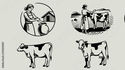 Vintage farm life with cows and milkmaid churning butter for an idyllic agricultural scene