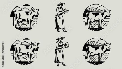 Vintage farm life icons with dairy cow and farmer woman delivering fresh milk in retro style
