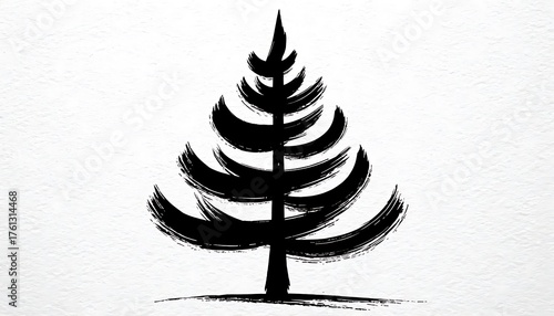 Abstract black ink brush strokes forming a stylized pine tree on a white textured background, symbolizing holidays and winter