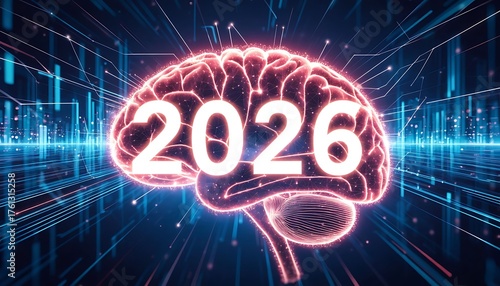 Brain displaying 2026 year representing future AI innovations, computing power, and technological progress. Data lines connect mind and digital advancement