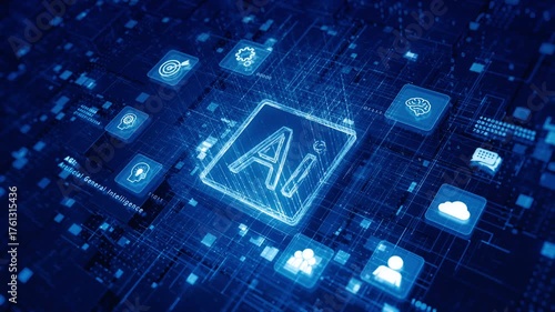 Artificial Intelligence microchip with digital interface icons on blue futuristic circuit board, AGI and data network concept