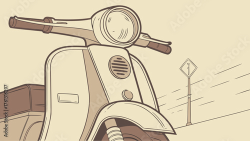 Illustration of a vintage scooter with a headlight and a sign on a road with lines in the background