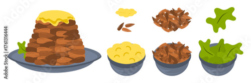 Vector cartoonish food dishes of pudding  with ingredient dish and isolated spices of almond, butter icing and mint leaves