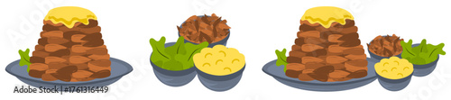 Vector cartoonish food dishes of pudding  with ingredient dish of almond, butter icing and mint leaves