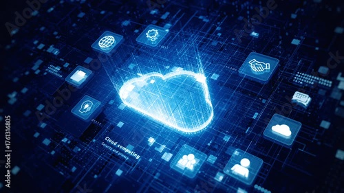 3D render of a glowing cloud icon on digital circuit board background, symbolizing cloud computing, data storage and digital connectivity. Technology abstract background