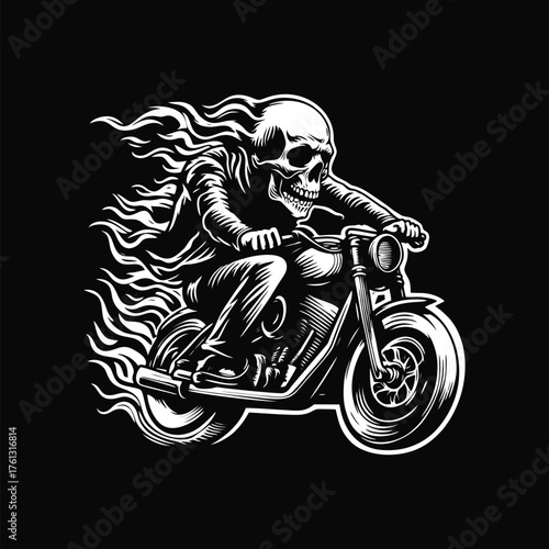 Skull in flame riding vector art illustration