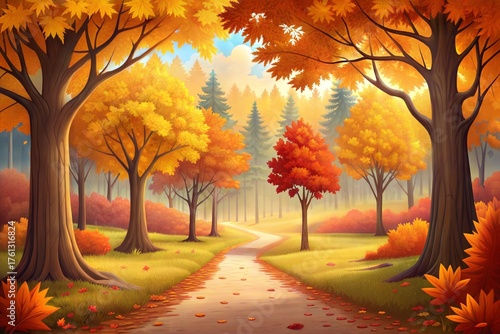 Peaceful Autumn Forest Pathway with Golden Trees and Colorful Falling Leaves illustration.