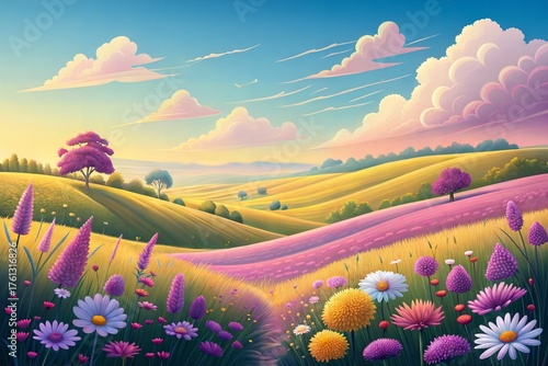 Colorful Wildflower Meadow with Rolling Hills and Blue Sky Summer Landscape illustration.