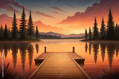 Peaceful Lakeside Sunset with Wooden Dock and Pine Tree Reflections illustration.