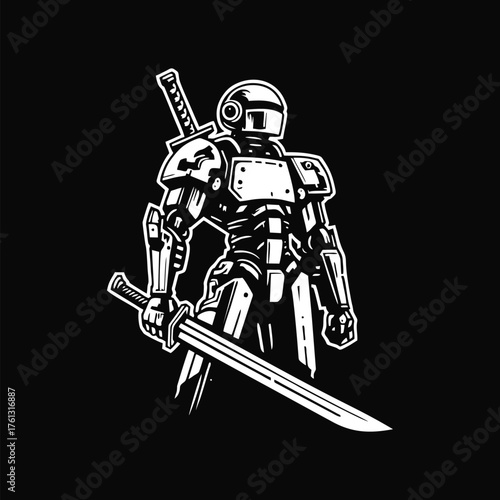 Robot samurai sword vector art illustration