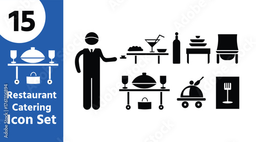 Restaurant and Catering Service Icon Set Waiter, Food, Table, Drink, and Hospitality Vector