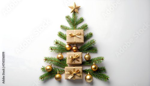 Christmas tree arrangement with fir branches, gifts wrapped in brown paper with gold ribbons, and gold ornaments, topped with a gold star.