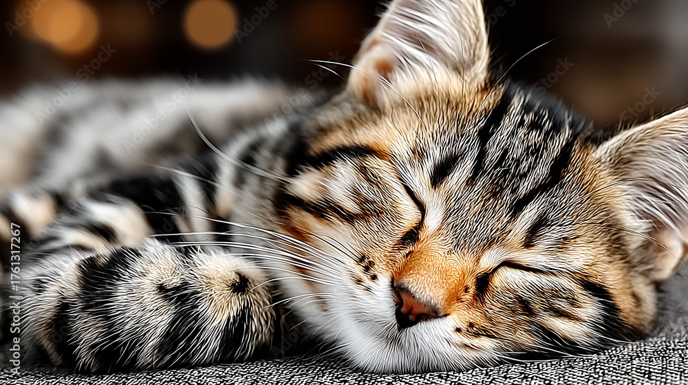 Naklejka premium Adorable tabby cat curled up on neutral-toned fabric, bathed in soft window light. 