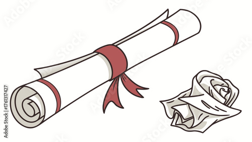 Illustration of a rolled diploma tied with a red ribbon and a crumpled piece of paper next to it