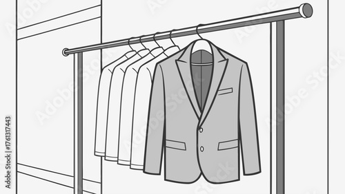 Suits and shirts hanging on a clothing rack inside a closet with a minimalist black and white style
