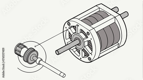Illustration showing a motor with a shaft and a close up view of a control knob on the shaft end