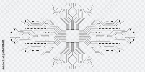 Circuit chip technology background with electronic processor and PCB connection lines.