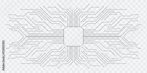 Circuit chip technology background with electronic processor and PCB connection lines.