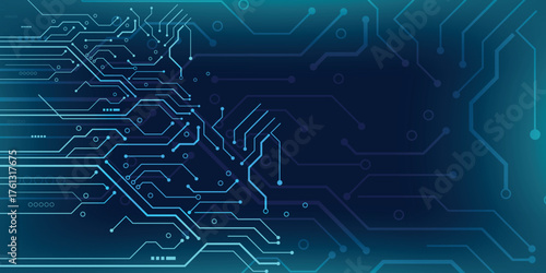 Futuristic blue PCB circuit board technology background with digital connections.