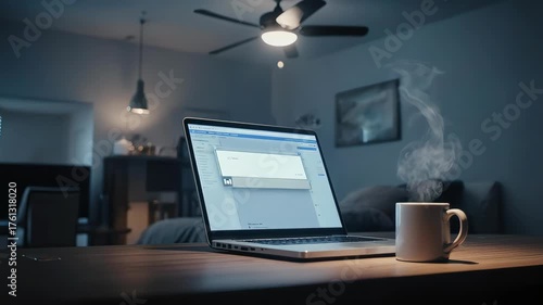 A laptop displays a digital document. Steaming mug sits nearby in a dim room