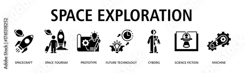 Space Exploration banner web icon vector illustration concept with icon of spacecraft, space tourism, prototype, future technology, cyborg, science fiction, machine

