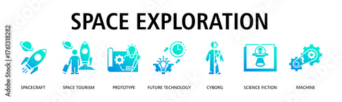 Space Exploration banner web icon vector illustration concept with icon of spacecraft, space tourism, prototype, future technology, cyborg, science fiction, machine
