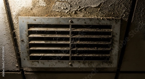 Filthy, Neglected HVAC Air Vent Covered in Dust and Cobwebs on a Grimy Ceiling with Peeling Paint, Symbolizing Deterioration and Poor Maintenance