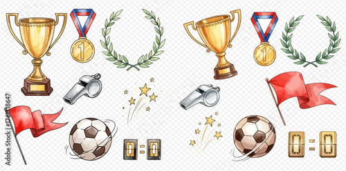 Watercolor illustration set of sports and achievement elements including trophies, medals, whistles, soccer balls, flags, and scoreboards.