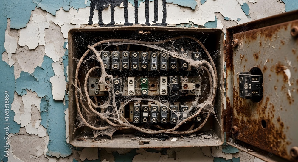 Fototapeta premium Decayed Electrical Fuse Box: Rusty, Cobweb-Covered Wires on Peeling Wall, Emphasizing Abandonment and Disrepair