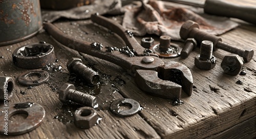 Vintage Rusty Industrial Tools and Hardware: Pliers, Nuts, and Bolts on a Grungy Wooden Workbench Still Life