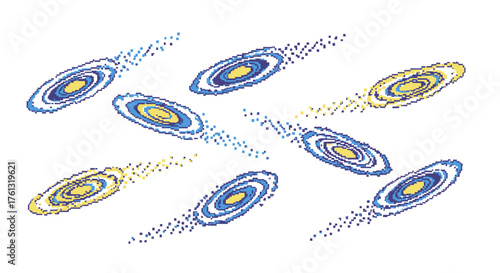 Abstract pixelated space art, a cosmic dance of blue and yellow galaxies rendered in a retro, pointillist style for a unique digital aesthetic