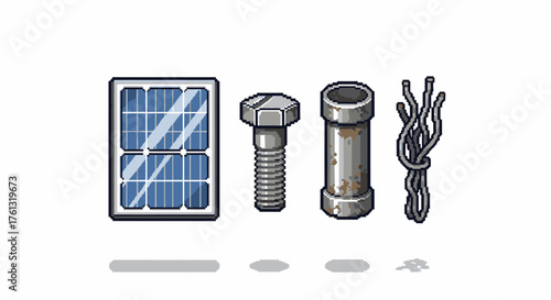 Pixelated Solar Panel, Bolt, Pipe and Wires Set Energy, Construction, and Industrial Icons