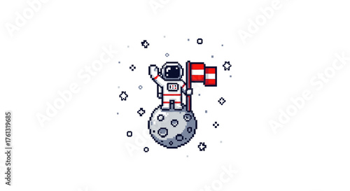 Pixelated Astronaut on the Moon Planting Flag in Space Adventure